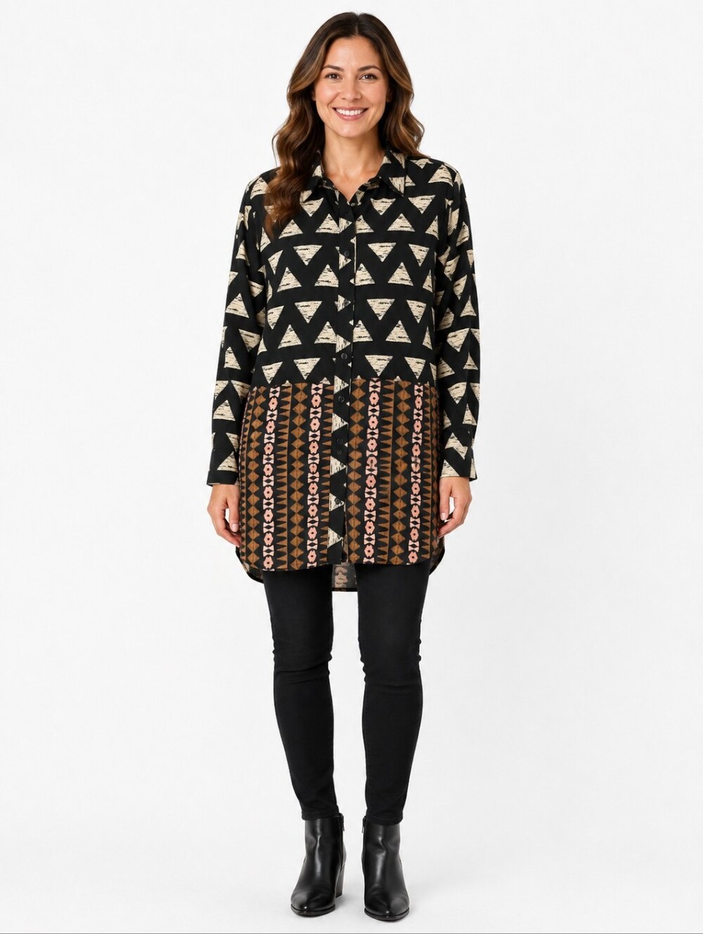 Tolani Collection Evelyn Shirt Tunic S NWT Geometric Mixed Print Button Down
